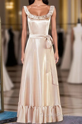 Champagne Sleeveless Ruffled A-line Tea-Length Bridesmaid Dress with Sash