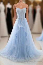 Light Blue Tulle Lace Long Semi Formal Prom Dress, Semi Formal Prom Dress