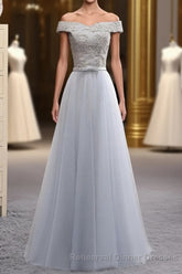 A Line Lace Tulle Off Shoulder Long Semi Formal Prom Dress, Evening Dress