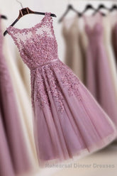 Cute Pink Lace Tulle Short Semi Formal Prom Dress, Pink Evening Dress