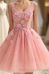 Cute A Line Pink Tulle Pearl Short Semi Formal Prom Dress, Homecoming Dress