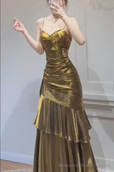 A-Line Gold Prom Dress features spaghetti straps Evening Dresses