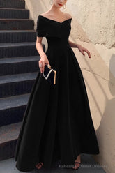 Simple V-neck Short-Sleeve Off Shoulder Long Prom Dress Black A-Line Evening Dress