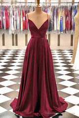 A-line V Neck Spaghetti Straps Sweep Train Charmeuse Prom Dresses With Pleated