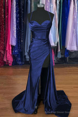 A-line Sweetheart Spaghetti Straps Sweep Train Silk like Satin Ruched Prom Dresses