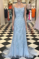 Blue Spaghetti Straps Backless Appliques Semi Formal Prom Dress