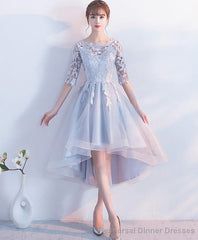 Gray Lace Tulle High Low Prom Dress Lace Evening Dress