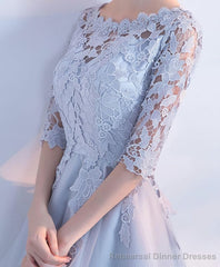 Gray Lace Tulle High Low Prom Dress Lace Evening Dress