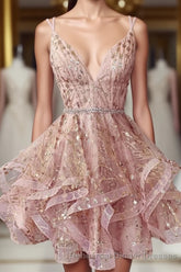 Cute Sequins Pink Homecoming Dresses V-neck Beaded Short Semi Formal Prom Dresses