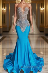 Ocean blue sleeveless mermaid Semi Formal Prom Dresses with long beadings