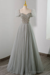 Gray Tulle Beading Long Prom Dress, A-Line Short Sleeve Evening Dress