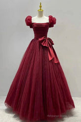 Burgundy Tulle Short Sleeve A-Line Formal Dresses, Burgundy Evening Dresses