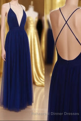 Simple A-line V Neck Navy Blue Long Semi Formal Prom Dress