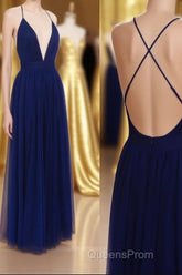 Simple A-line V Neck Navy Blue Long Evening Prom Dress