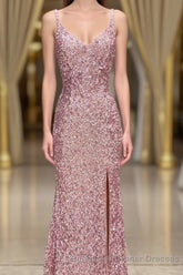 Gorgeous Mermaid V-Neck Pearl Pink Long Semi Formal Prom Dress with Slit