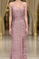 Gorgeous Mermaid V-Neck Pearl Pink Long Evening Prom Dress with Slit