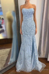 Elegant Strapless Mermaid Sky Blue Long Lace Semi Formal Prom Dress with Slit