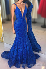 Elegant V Neck Mermaid Royal Blue Long Lace Semi Formal Prom Dress