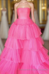 Elegant Strapless Layered Hot Pink Long Semi Formal Prom Dress with Slit