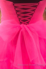 Elegant Strapless Layered Hot Pink Long Semi Formal Prom Dress with Slit
