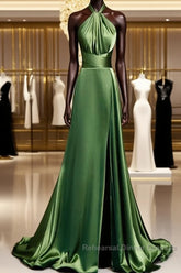 Green Soft Satin Halter Long Evening Dress Party Dress, Green A-line Semi Formal Prom Dress