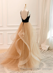 A-Line Champagne Tulle Sweetheart Beaded Long Semi Formal Prom Dress, Tulle Layers Party Dress