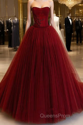 Wine Red Tulle Scoop Long Formal Dress, Wine Red Tulle Evening Prom Dress Party Dress