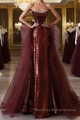 Wine Red Sequins and Tulle Beaded Long Party Dresses, Wine Red Evening Dresses