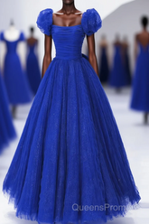 Royal Blue Scoop Tulle Short Sleeves Long Evening Prom Dress, Royal Blue A-Line Party Dress