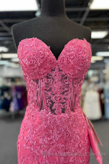 Hot Pink Appliques Strapless Mermaid Long Semi Formal Prom Dress