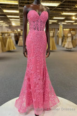 Hot Pink Appliques Strapless Mermaid Long Semi Formal Prom Dress