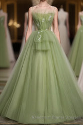 Green Tulle Long Semi Formal Prom Dress, Green Tulle Semi Formal Prom Dress