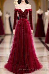 Burgundy Round Neck Tulle Sequin Long Semi Formal Prom Dress, Tulle Semi Formal Prom Dress