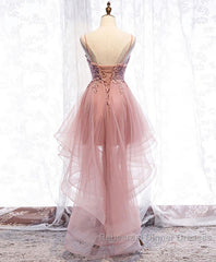Pink Tulle Lace High Low Semi Formal Dresses, Pink Homecoming Dresses, 1