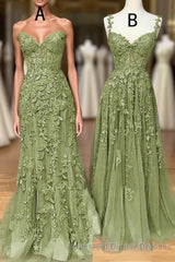 Lovely Sage Green Tulle With Lace Long Semi Formal Prom Dress, Sweetheart Semi Formal Prom Dress