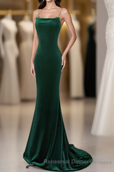 Green Velvet Mermaid Straps Long Semi Formal Prom Dress, Green Evening Dress Party Dress