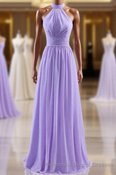 High Neck Lavender Chiffon Empire A-line Long Bridesmaid Dress