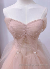 Pink Sweetheart Tulle Beaded Long Party Dress, Pink Tulle Semi Formal Prom Dress Evening Dress