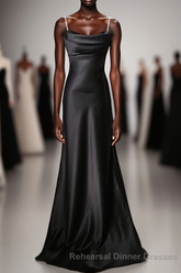 Black Soft Satin A-Line Floor Length Semi Formal Prom Dress, Black Straps Long Evening Dress