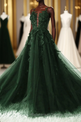 Green A-Line Tulle With Lace Low Back Semi Formal Prom Dress, Green Tulle Evening Dress Party Dress