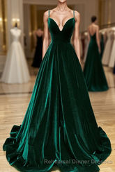 Green V-Neckline Straps Lace-Up A-Line Semi Formal Prom Dress, Green Velvet Long Semi Formal Prom Dress