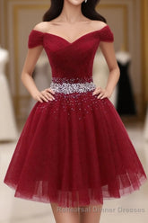Burgundy Tulle Sequin Short Semi Formal Prom Dress, Burgundy Homecoming Dress, 1