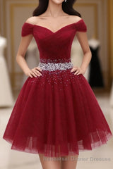 Burgundy Tulle Sequin Short Semi Formal Prom Dress, Burgundy Homecoming Dress, 1