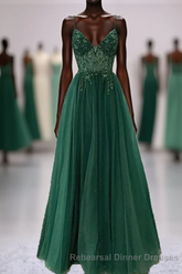 Green V-Neckline Beaded Tulle Floor Length Party Dress, A-Line Green Semi Formal Prom Dress