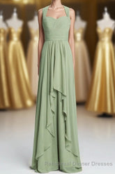 Halter Sage Pleated Ruffles Long Bridesmaid Dress