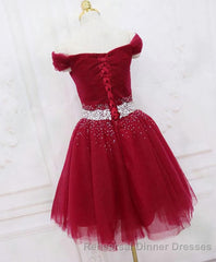Burgundy Tulle Sequin Short Semi Formal Prom Dress, Burgundy Homecoming Dress, 1