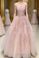 Lace Appliques Pink A LineTulle Long Semi Formal Prom Dresses With Straps