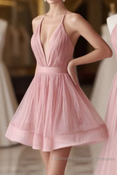 Simple Pink Tulle Short Semi Formal Dresses, Pink Cocktail Dresses