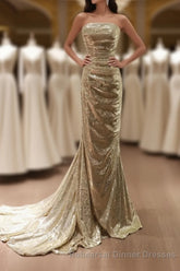 Gold Sequins Mermaid Scoop Long Evening Dress, Gold Long Semi Formal Prom Dress Party Dress
