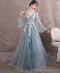 Green V Neck Tulle Lace Long Prom Dress Green Evening Dress